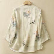 Buddha Stones Casual Women's Ink Lotus Pattern Frog-button Slanted Collar Design Three Quarter Sleeve Cotton Linen Shirt