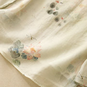 Buddha Stones Casual Women's Ink Lotus Pattern Frog-button Slanted Collar Design Three Quarter Sleeve Cotton Linen Shirt