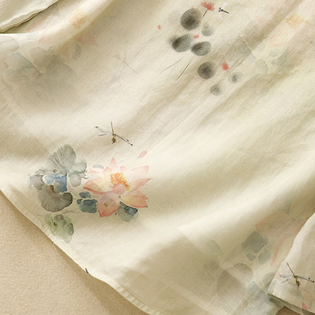 Buddha Stones Casual Women's Ink Lotus Pattern Frog-button Slanted Collar Design Three Quarter Sleeve Cotton Linen Shirt