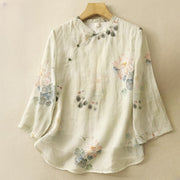 Buddha Stones Casual Women's Ink Lotus Pattern Frog-button Slanted Collar Design Three Quarter Sleeve Cotton Linen Shirt