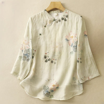 Buddha Stones Casual Women's Ink Lotus Pattern Frog-button Slanted Collar Design Three Quarter Sleeve Cotton Linen Shirt