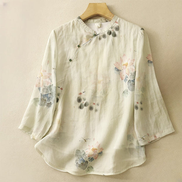 Buddha Stones Casual Women's Ink Lotus Pattern Frog-button Slanted Collar Design Three Quarter Sleeve Cotton Linen Shirt
