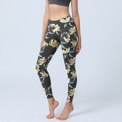 Buddha Stones Yellow White Flower Pattern Print Gym Leggings Women's Yoga Pants