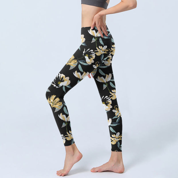 Buddha Stones Yellow White Flower Pattern Print Gym Leggings Women's Yoga Pants