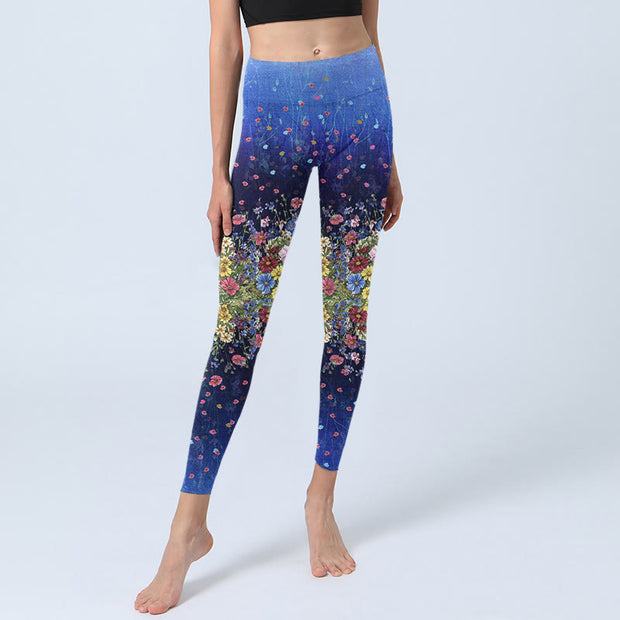 Buddha Stones Gradient Color Flower Pattern Print Gym Leggings Women's Yoga Pants
