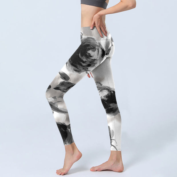 Buddha Stones Watercolor Rose Pattern Print Gym Leggings Women's Yoga Pants