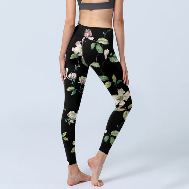 Buddha Stones Magnolia Flower Pattern Print Gym Leggings Women's Yoga Pants