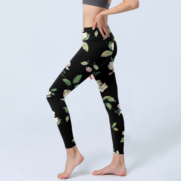 Buddha Stones Magnolia Flower Pattern Print Gym Leggings Women's Yoga Pants