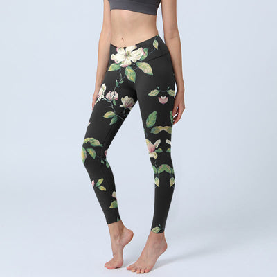 Buddha Stones Magnolia Flower Pattern Print Gym Leggings Women's Yoga Pants