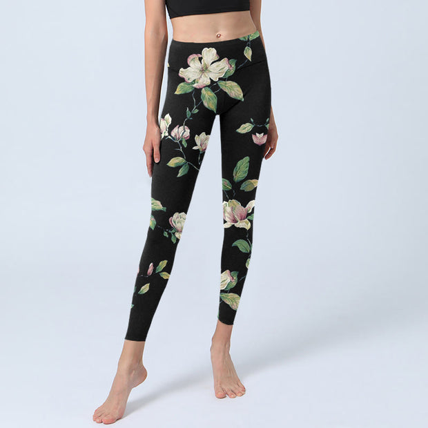 Buddha Stones Magnolia Flower Pattern Print Gym Leggings Women's Yoga Pants