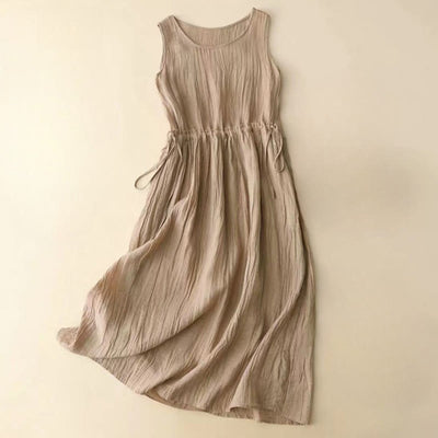 Buddha Stones Casual Plain Handmade Drawstring Waist Midi Dress Acrylic Sleeveless Dress With Pockets