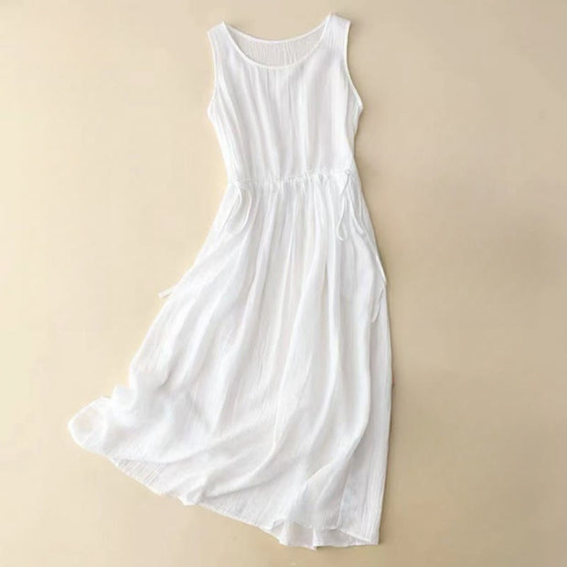 Buddha Stones Casual Plain Handmade Drawstring Waist Midi Dress Acrylic Sleeveless Dress With Pockets
