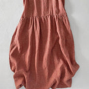 Buddha Stones Casual Plain Handmade Plaid Midi Dress Cotton Sleeveless Dress With Pockets