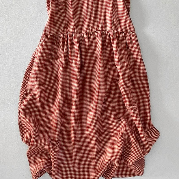 Buddha Stones Casual Plain Handmade Plaid Midi Dress Cotton Sleeveless Dress With Pockets