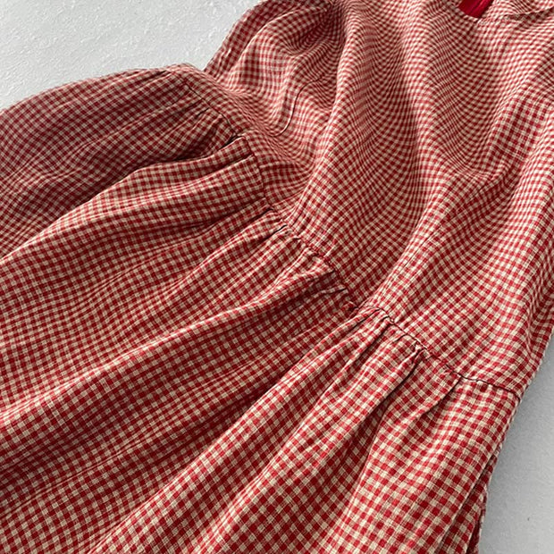 Buddha Stones Casual Plain Handmade Plaid Midi Dress Cotton Sleeveless Dress With Pockets