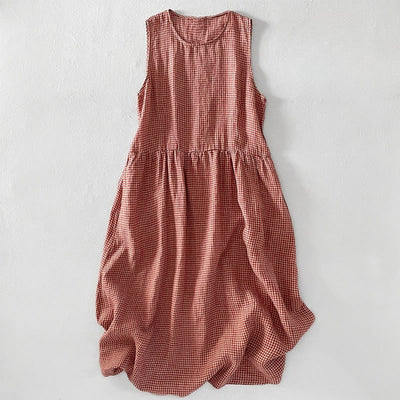 Buddha Stones Casual Plain Handmade Plaid Midi Dress Cotton Sleeveless Dress With Pockets