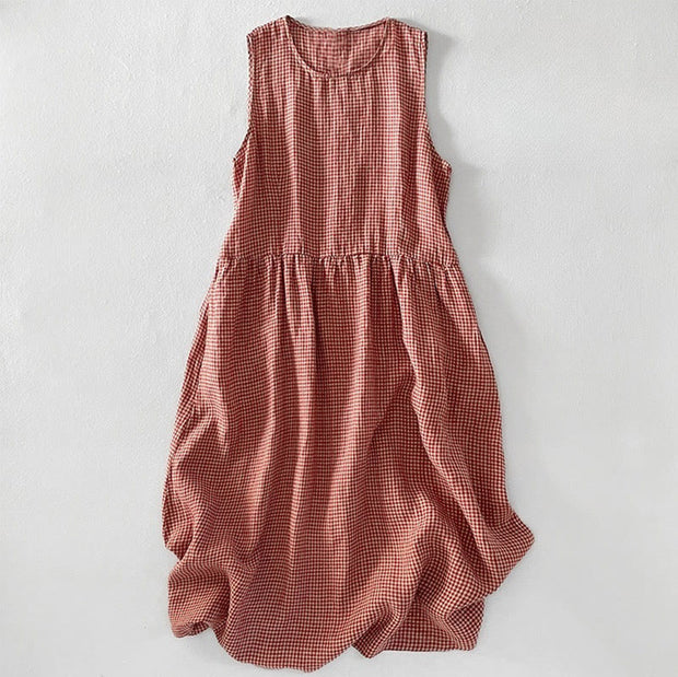 Buddha Stones Casual Plain Handmade Plaid Midi Dress Cotton Sleeveless Dress With Pockets