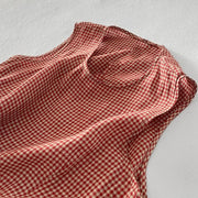 Buddha Stones Casual Plain Handmade Plaid Midi Dress Cotton Sleeveless Dress With Pockets
