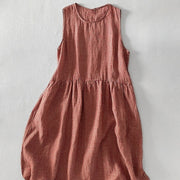 Buddha Stones Casual Plain Handmade Plaid Midi Dress Cotton Sleeveless Dress With Pockets