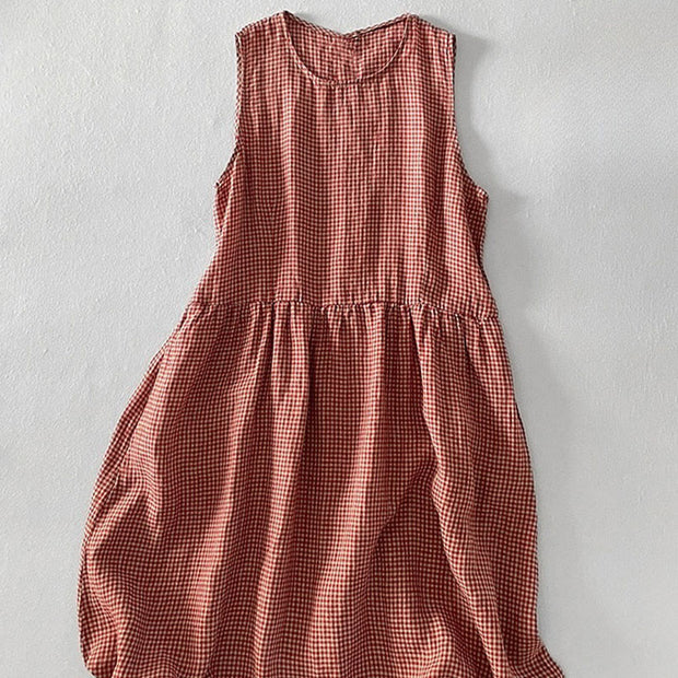 Buddha Stones Casual Plain Handmade Plaid Midi Dress Cotton Sleeveless Dress With Pockets