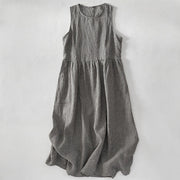 Buddha Stones Casual Plain Handmade Plaid Midi Dress Cotton Sleeveless Dress With Pockets