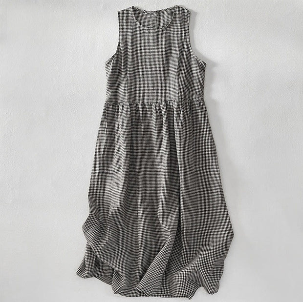 Buddha Stones Casual Plain Handmade Plaid Midi Dress Cotton Sleeveless Dress With Pockets