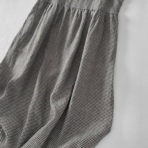 Buddha Stones Casual Plain Handmade Plaid Midi Dress Cotton Sleeveless Dress With Pockets