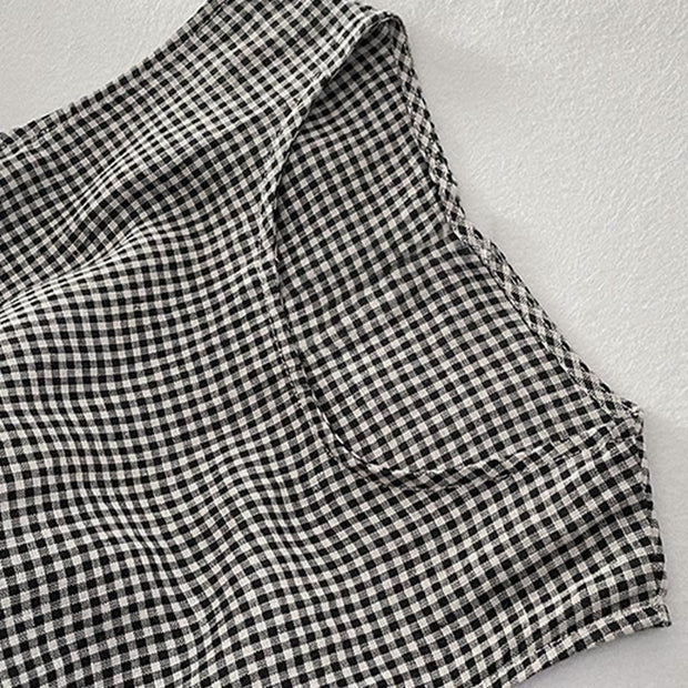 Buddha Stones Casual Plain Handmade Plaid Midi Dress Cotton Sleeveless Dress With Pockets