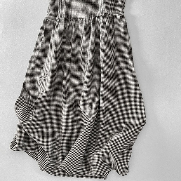 Buddha Stones Casual Plain Handmade Plaid Midi Dress Cotton Sleeveless Dress With Pockets