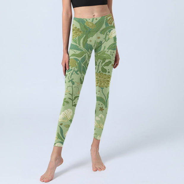 Buddha Stones Various Flower Leaves Pattern Print Gym Leggings Women's Yoga Pants
