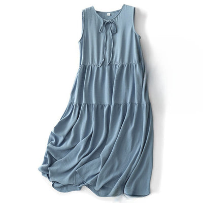 Buddha Stones Casual Plain Handmade Lace-up Midi Dress Cotton Linen Sleeveless Dress With Pockets