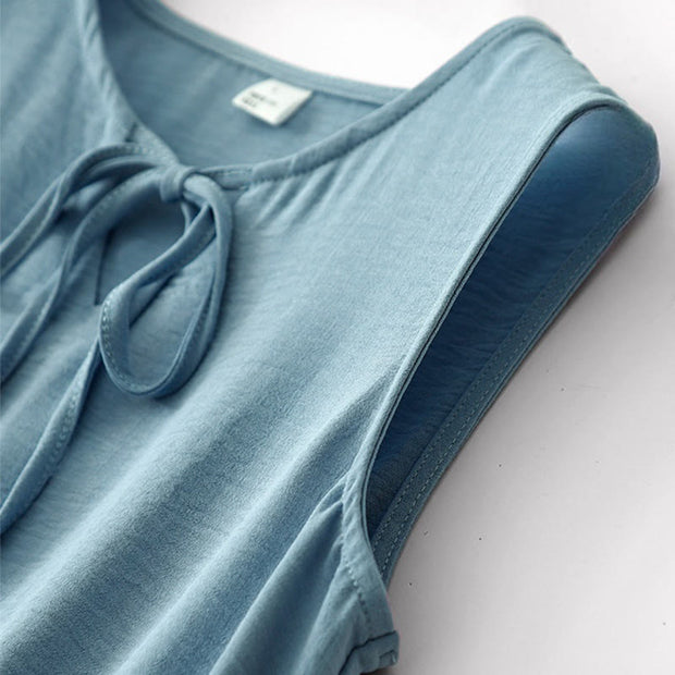 Buddha Stones Casual Plain Handmade Lace-up Midi Dress Cotton Linen Sleeveless Dress With Pockets