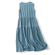 Buddha Stones Casual Plain Handmade Lace-up Midi Dress Cotton Linen Sleeveless Dress With Pockets