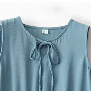 Buddha Stones Casual Plain Handmade Lace-up Midi Dress Cotton Linen Sleeveless Dress With Pockets