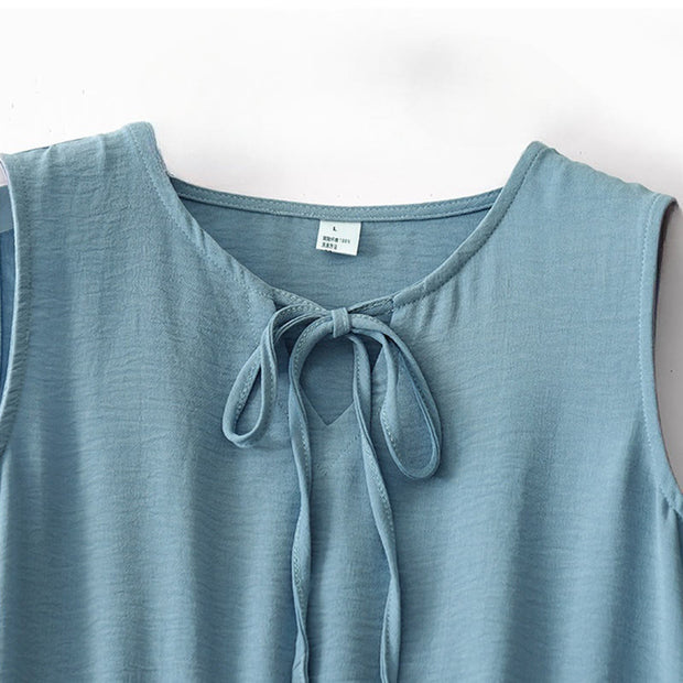 Buddha Stones Casual Plain Handmade Lace-up Midi Dress Cotton Linen Sleeveless Dress With Pockets