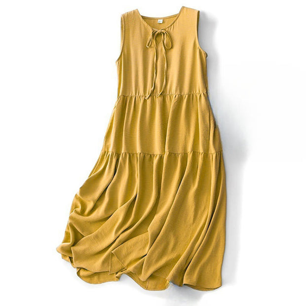 Buddha Stones Casual Plain Handmade Lace-up Midi Dress Cotton Linen Sleeveless Dress With Pockets