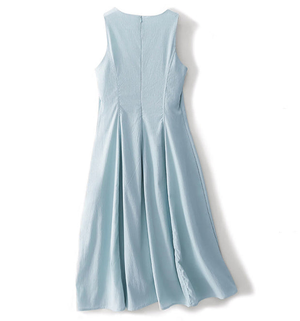 Buddha Stones Casual Plain Handmade Zipper Midi Dress Cotton Linen Sleeveless Dress