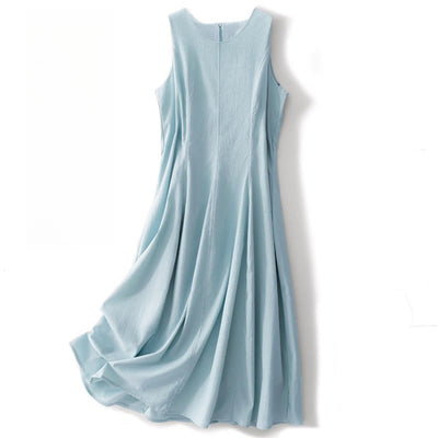 Buddha Stones Casual Plain Handmade Zipper Midi Dress Cotton Linen Sleeveless Dress