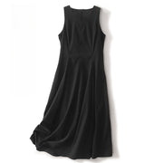 Buddha Stones Casual Plain Handmade Zipper Midi Dress Cotton Linen Sleeveless Dress