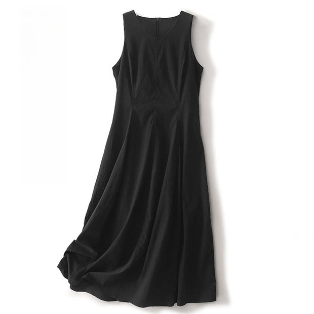 Buddha Stones Casual Plain Handmade Zipper Midi Dress Cotton Linen Sleeveless Dress