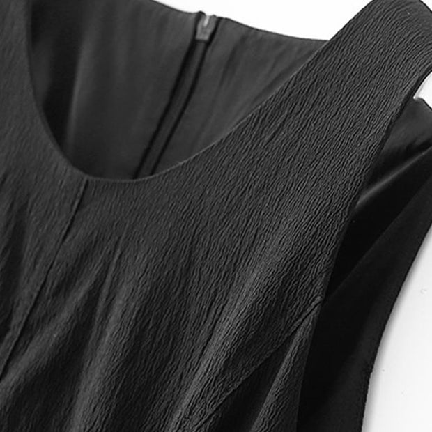 Buddha Stones Casual Plain Handmade Zipper Midi Dress Cotton Linen Sleeveless Dress