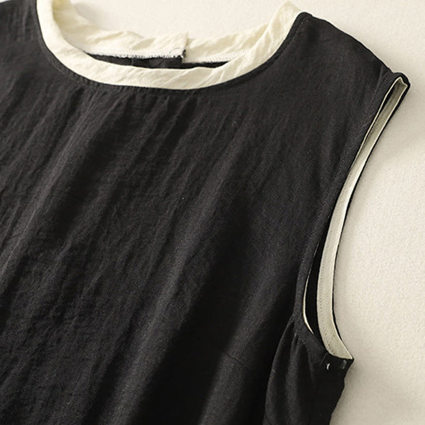 Buddha Stones Casual Stitching Color Handmade Button Design Midi Dress Polyester Sleeveless Dress With Pockets