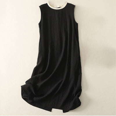Buddha Stones Casual Stitching Color Handmade Button Design Midi Dress Polyester Sleeveless Dress With Pockets