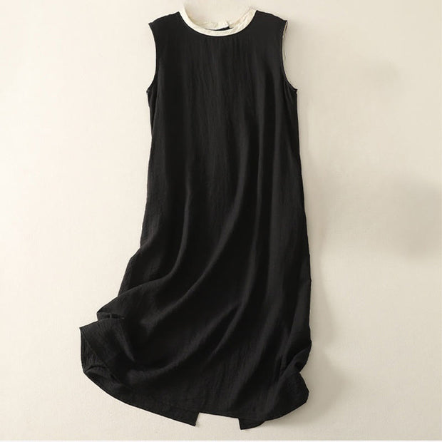 Buddha Stones Casual Stitching Color Handmade Button Design Midi Dress Polyester Sleeveless Dress With Pockets