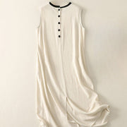 Buddha Stones Casual Stitching Color Handmade Button Design Midi Dress Polyester Sleeveless Dress With Pockets