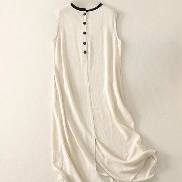 Buddha Stones Casual Stitching Color Handmade Button Design Midi Dress Polyester Sleeveless Dress With Pockets