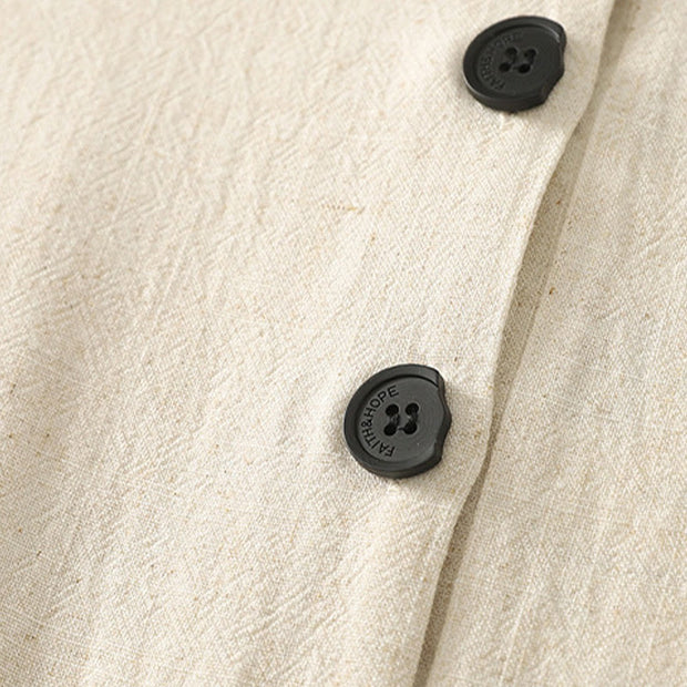 Buddha Stones Casual Stitching Color Handmade Button Design Midi Dress Polyester Sleeveless Dress With Pockets