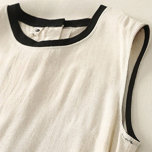 Buddha Stones Casual Stitching Color Handmade Button Design Midi Dress Polyester Sleeveless Dress With Pockets