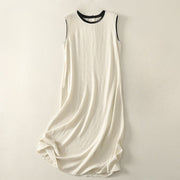 Buddha Stones Casual Stitching Color Handmade Button Design Midi Dress Polyester Sleeveless Dress With Pockets