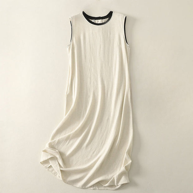 Buddha Stones Casual Stitching Color Handmade Button Design Midi Dress Polyester Sleeveless Dress With Pockets